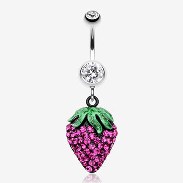 Glitter Sparkle Strawberry Belly Button Ring-Clear Gem/Fuchsia